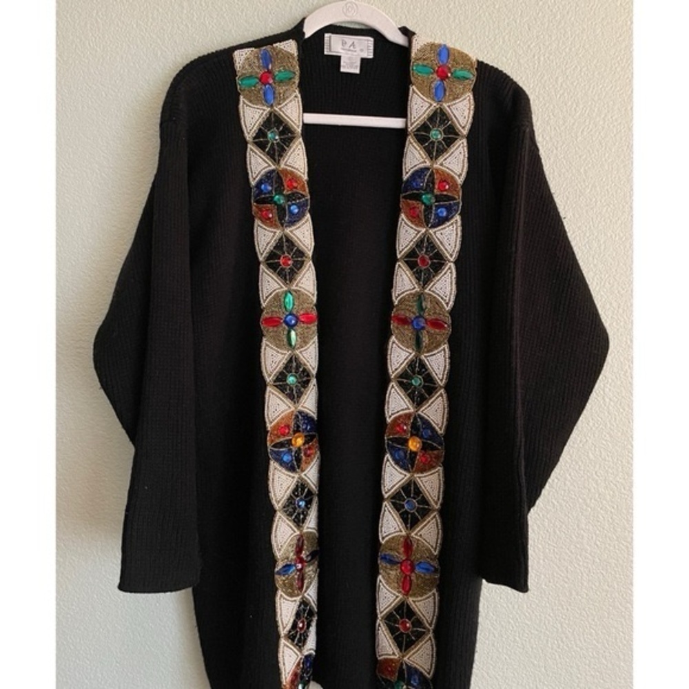 Vintage P.A. International Beaded Cardigan Jacket Black Medium 80 Sequin Sweater
